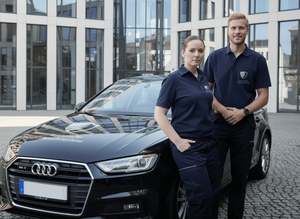 Über uns: Mitarbeiterin im mobilen Revierdienst am Einsatzfahrzeug